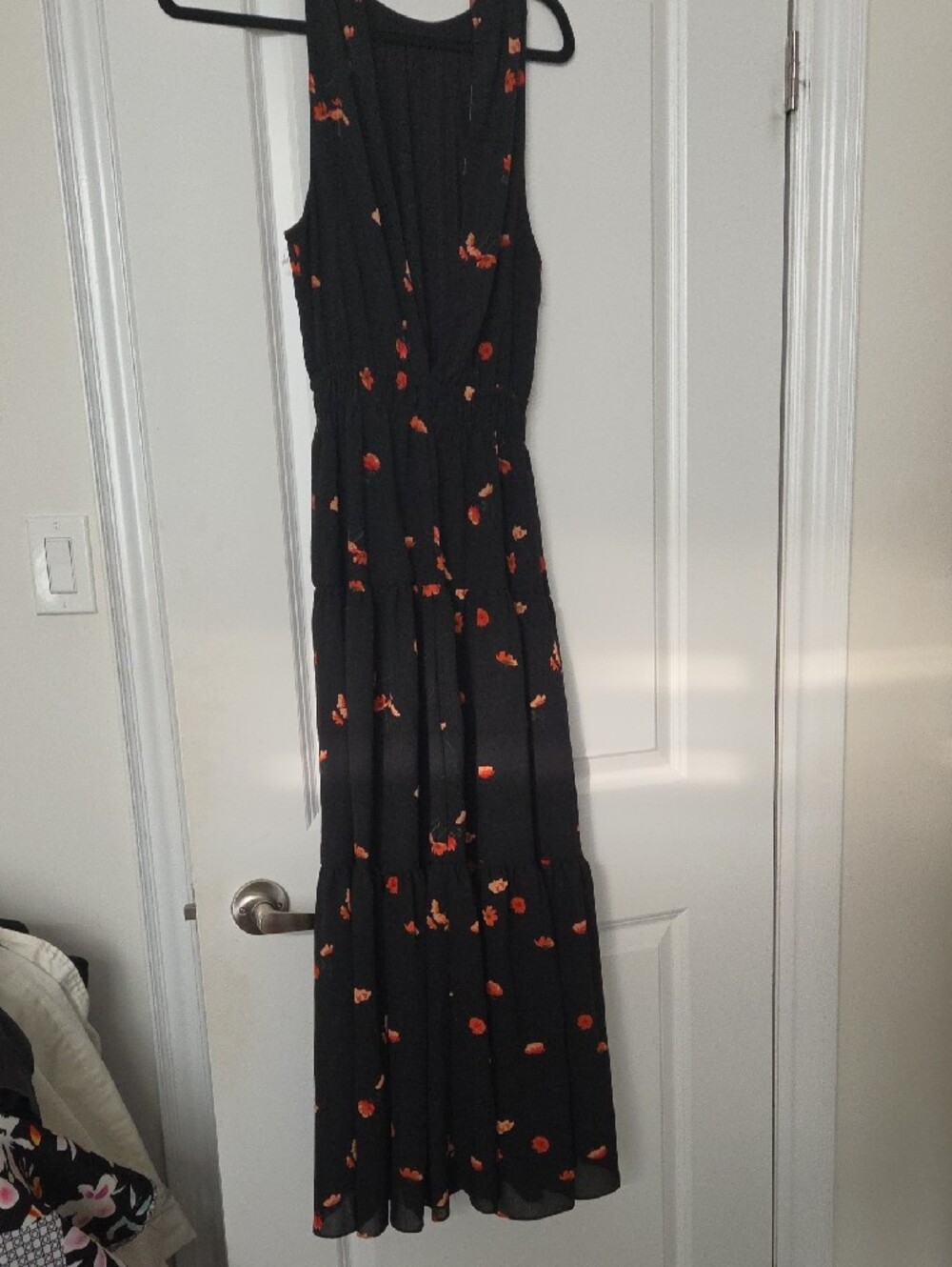NEW Artzia (Wilfred) Crepe Lined Black Floral Maxi Dress with Orange Accent - - Picture 5 of 7